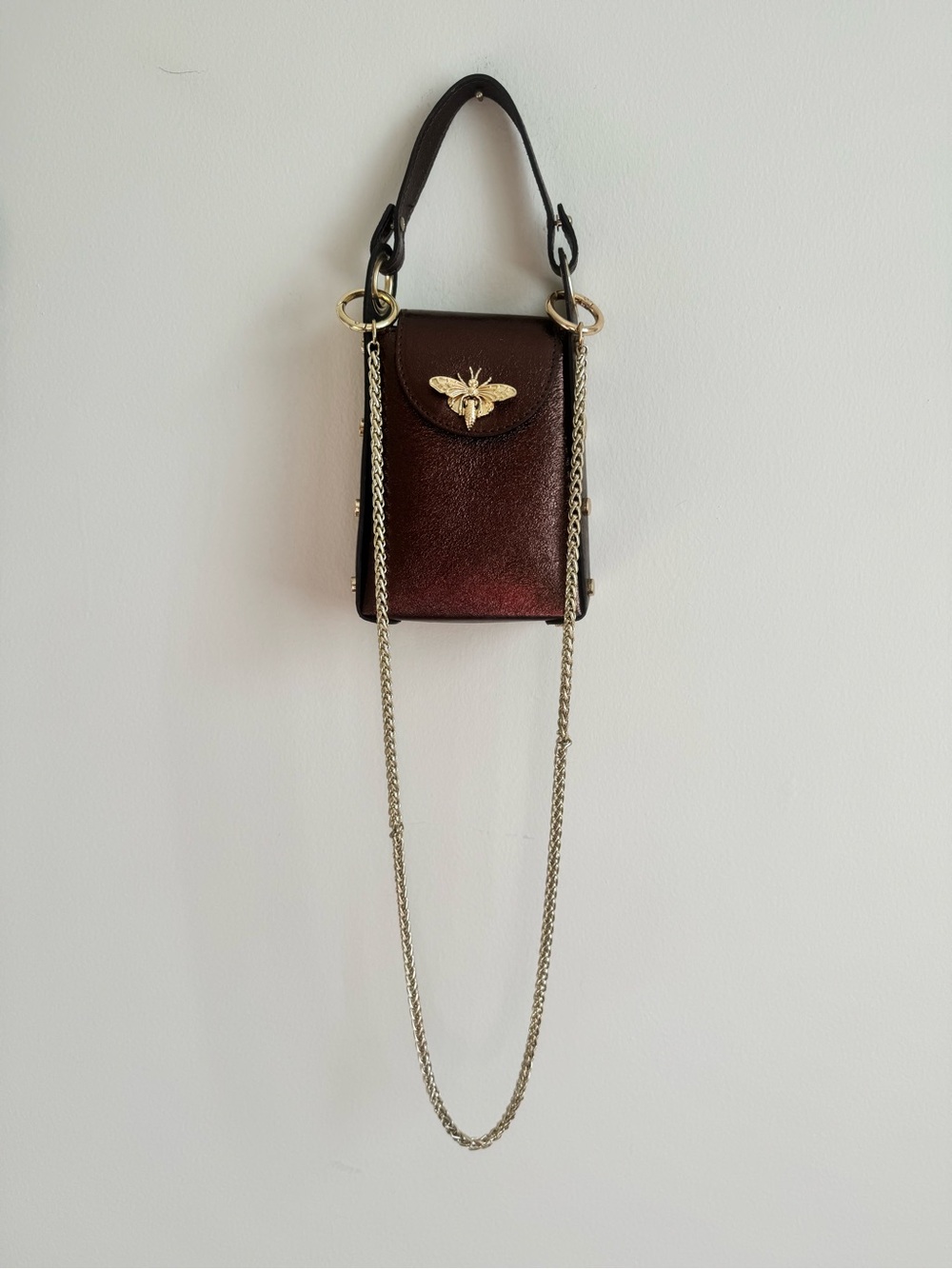 Vera Pelle Metallic Bronze Leather Bee Phone Crossbody Bag Made in Italy